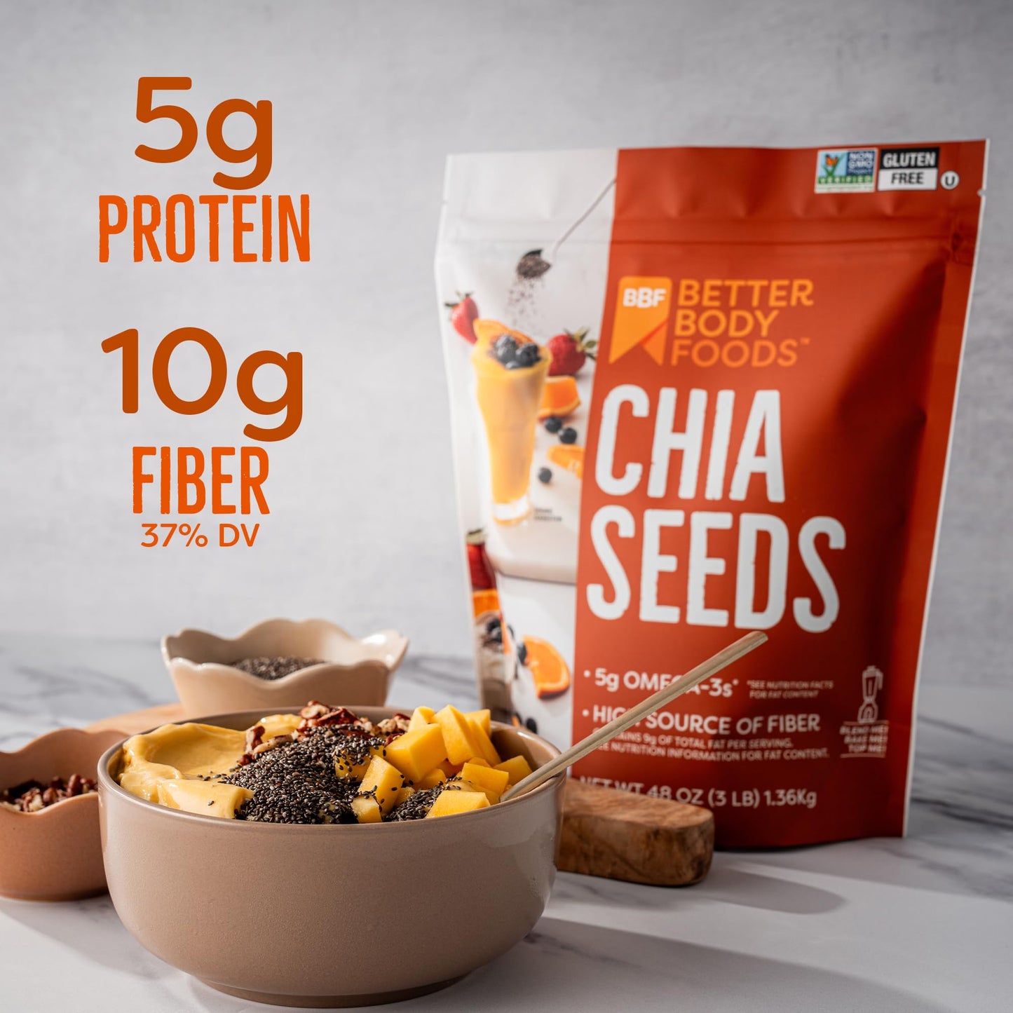 BetterBody Foods Chia Seeds 3 lbs, 48 Oz, with Omega-3, Non-GMO, Gluten Free, Keto Diet Friendly, Vegan, Good Source of Fiber, A