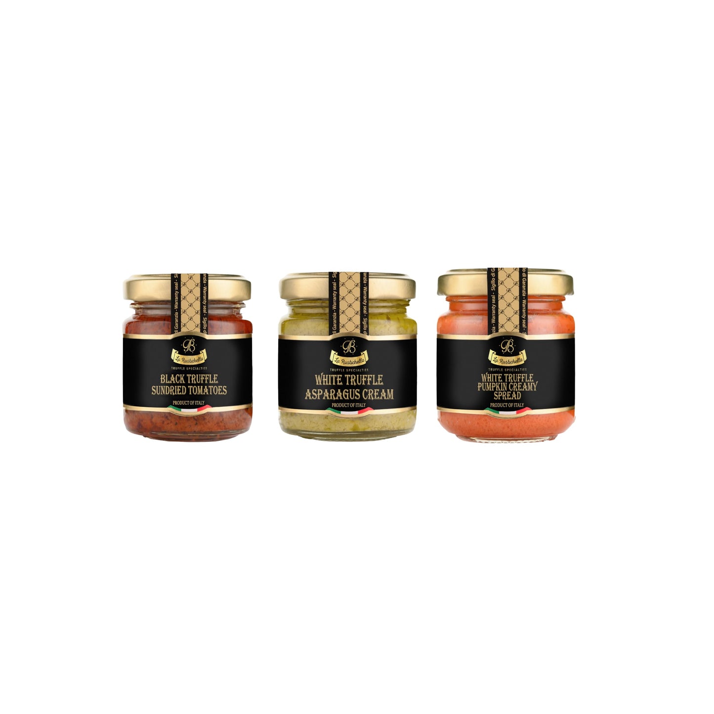 La Rustichella Italian Truffle Bruschetta Essentials Set - White Truffle Asparagus, Black Truffle Sun Dried Tomatoes & White Truffle Pumpkin, 9.6 oz