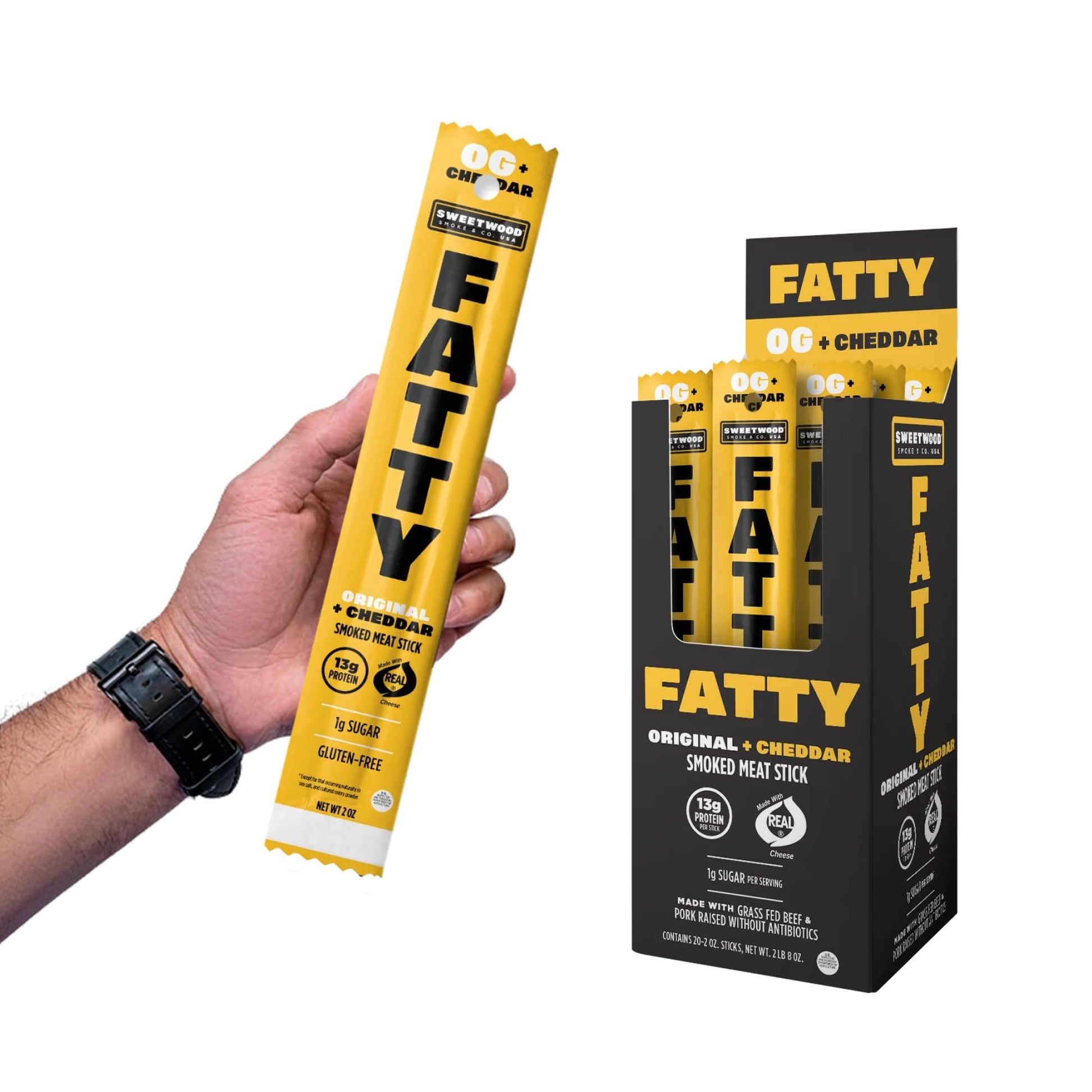 FATTY Grass-Fed Beef Smoked Meat Sticks, Original + Cheddar, 13g Protein, 2 oz. (Pack of 20)