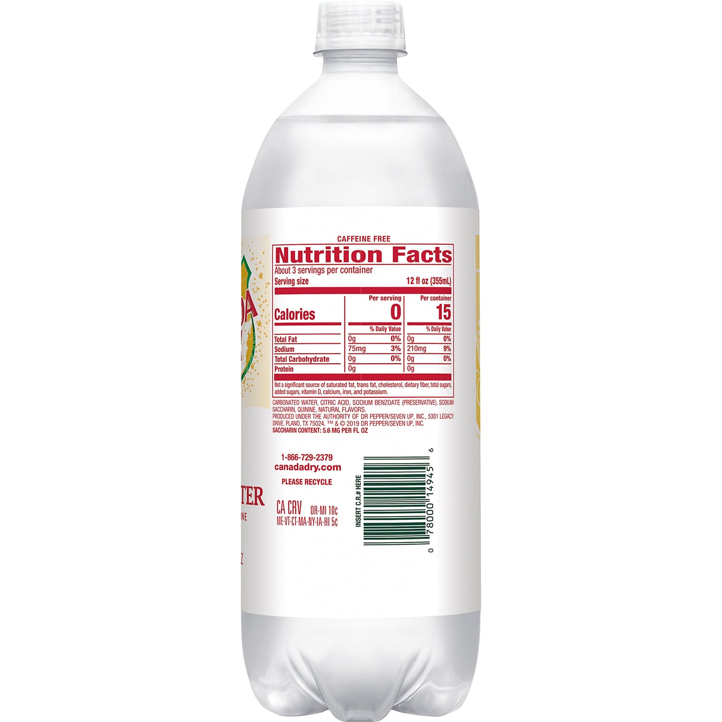 Canada Dry Diet Tonic Water, 33.8 Fl Oz, Pack of 15, Model 078000149456
