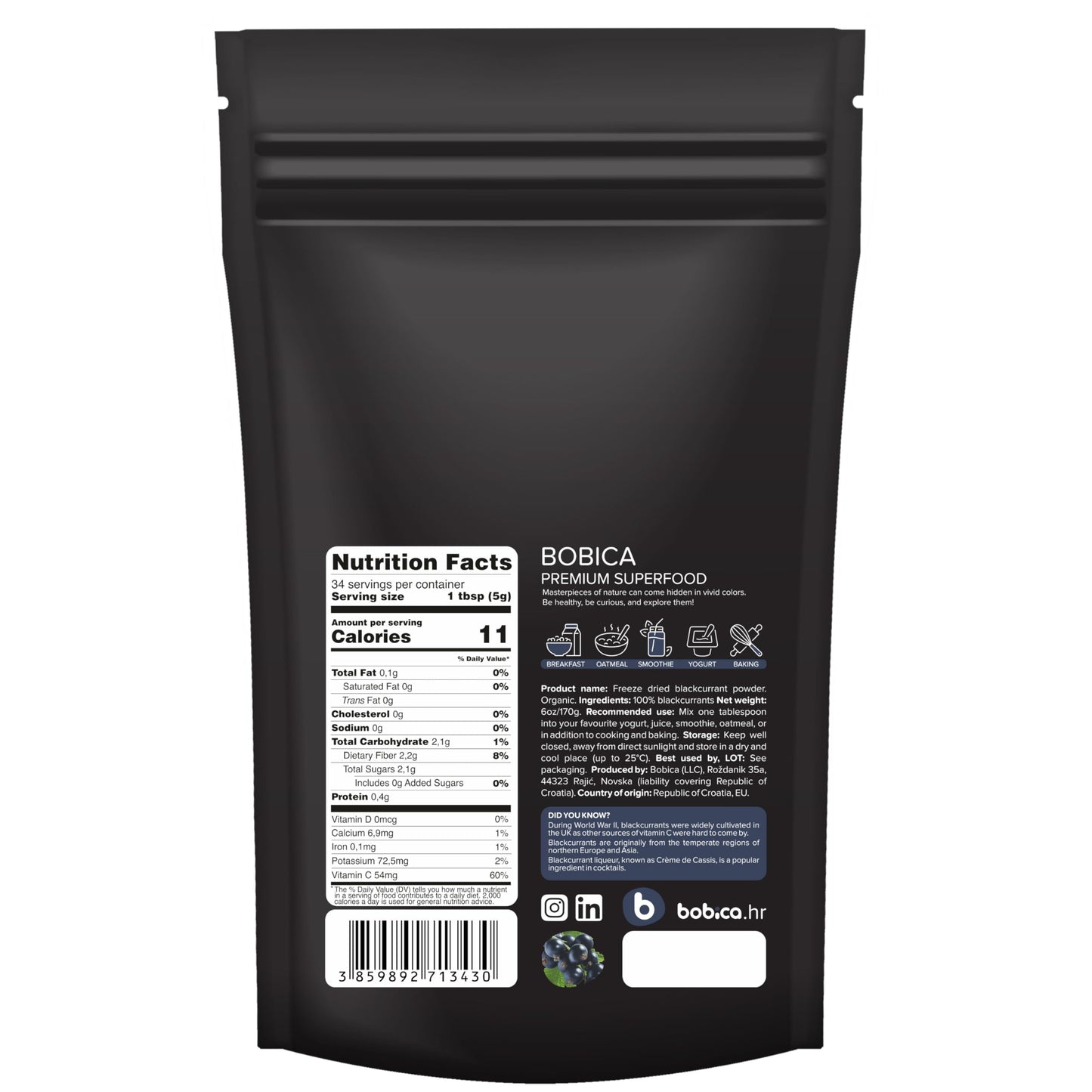 b Organic Black Currant Powder, High in Anthocyanins, 6oz for Smoothies and Baking
