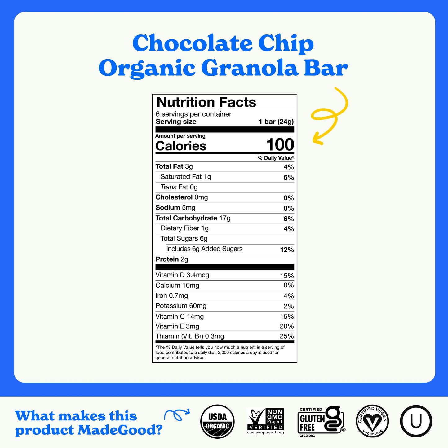 MadeGood Chocolate Chip Granola Bars, 12 Healthy Snack Bars, 0.85 oz Each