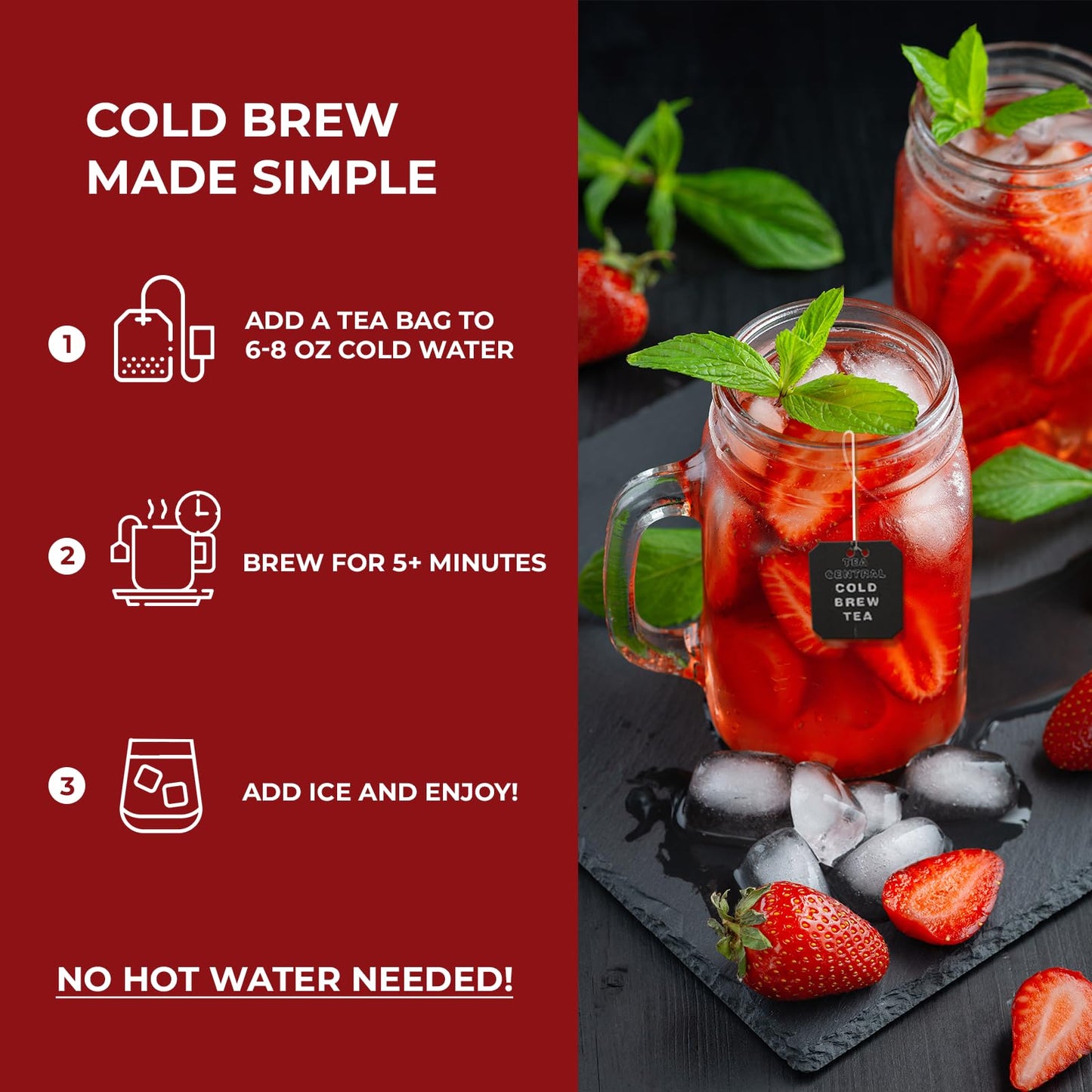 TEA CENTRAL Strawberry Iced Tea with Organic Ceylon Green Tea - 25 Refreshing Cold Brew Tea Bags for Everyday Wellness