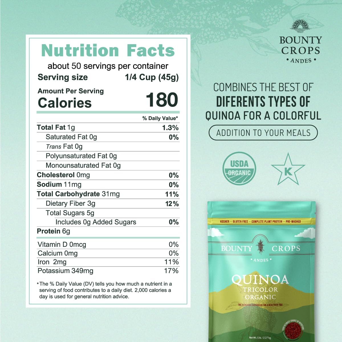 Bounty Crops Organic Tricolor Quinoa, Gluten-Free, Non-GMO, Vegan Superfood, 5 lb (80 oz)