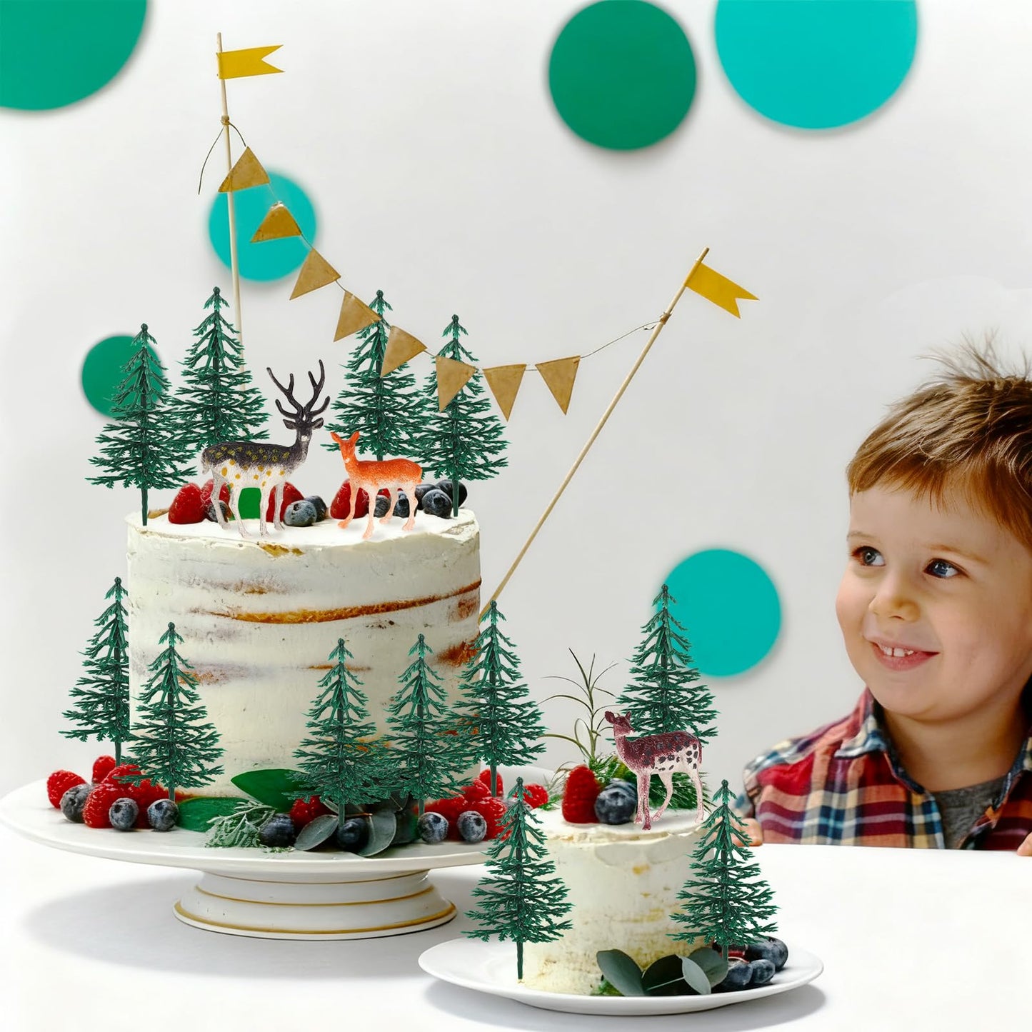 Hooqict 15Pcs Deer Christmas Tree Cake Topper With Tree Deer Figurines Hunting Cake Decorations For Winter Forest Woodland Birthday Party Supplies Animals Christmas Decorations