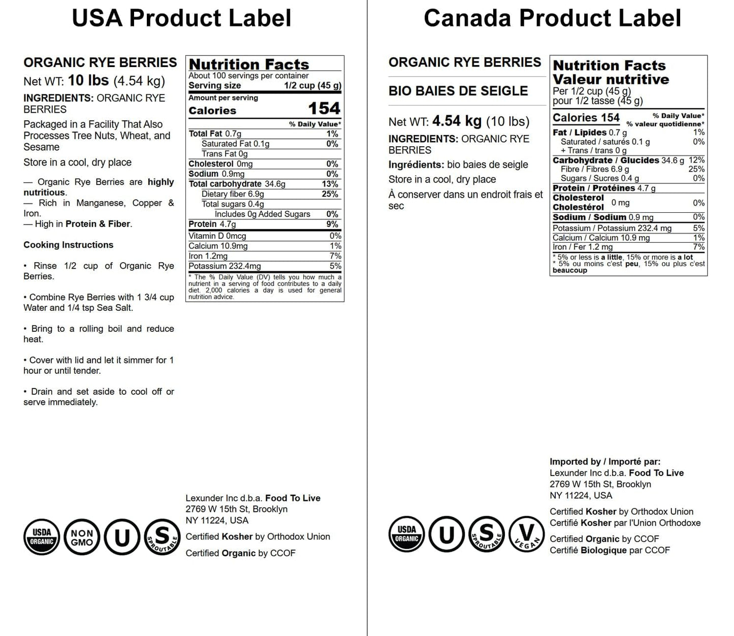 Food to Live Organic Rye Berries - Non-GMO, Kosher, Raw, 10 Pound Bulk Seeds, Product of the USA