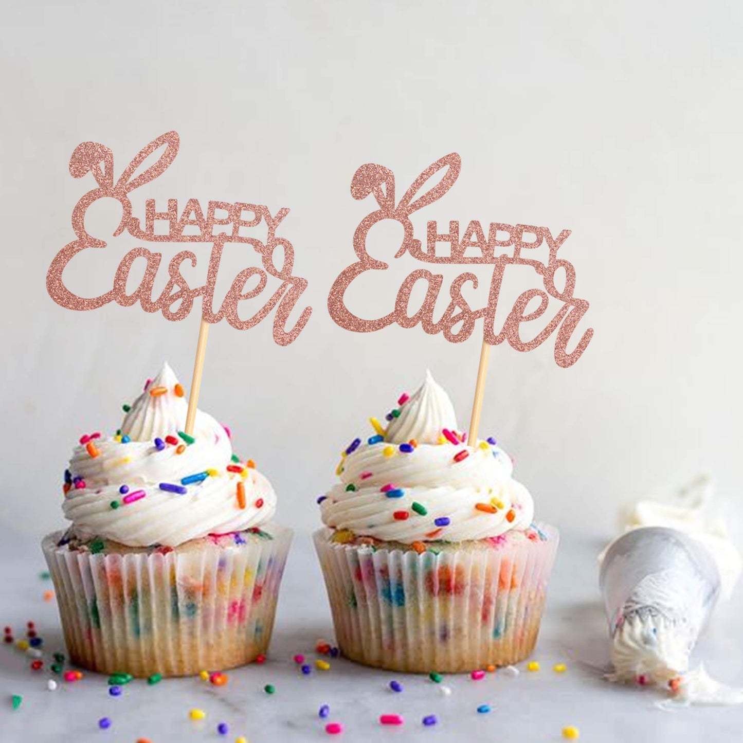 Ercadio 36 Pack Happy Easter Cupcake Toppers Rose Gold Glitter Bunney Ear Cupcake Picks Happy Easter Theme Party Cake Decoration