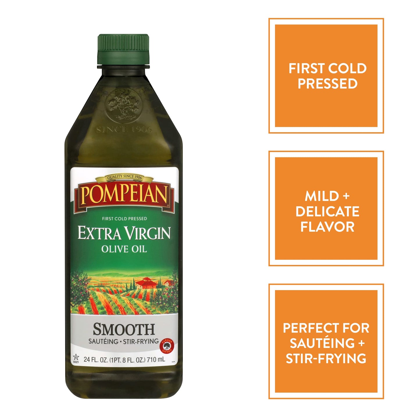Pompeian Smooth Extra Virgin Olive Oil, Contains Polyphenols, First Cold Pressed Mild And Delicate Flavor, Perfect For Sauteing & Stir-Frying, Naturally Gluten-Free, Non-Gmo, 24 Fl Oz, Single Bottle