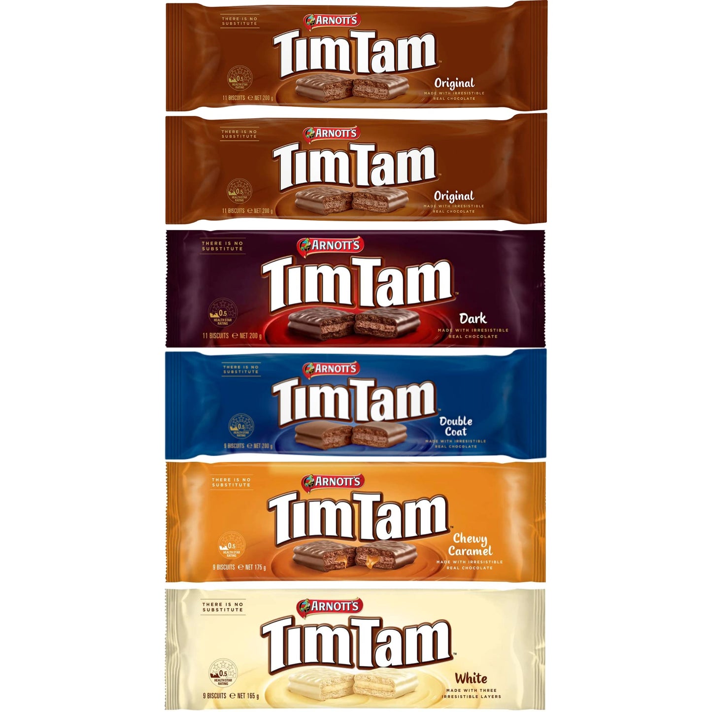 Arnotts Tim Tam Chocolate Biscuits - 6-Pack Assortment: 2 Original, 1 Dark, 1 Double Coat, 1 Chewy Caramel, 1 White - Made in Au