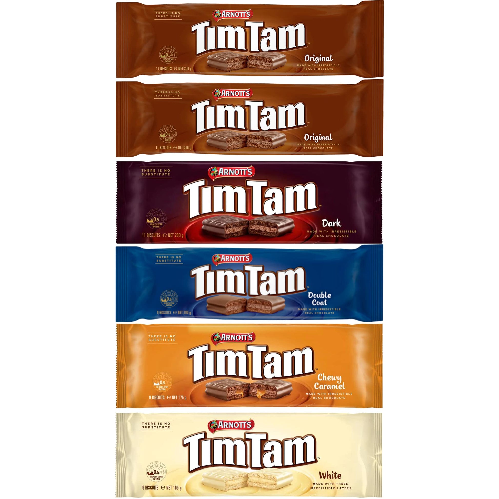 Arnotts Tim Tam Chocolate Biscuits - 6-Pack Assortment: 2 Original, 1 Dark, 1 Double Coat, 1 Chewy Caramel, 1 White - Made in Au