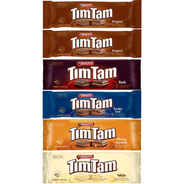 Arnotts Tim Tam Chocolate Biscuits - 6-Pack Assortment: 2 Original, 1 Dark, 1 Double Coat, 1 Chewy Caramel, 1 White - Made in Au