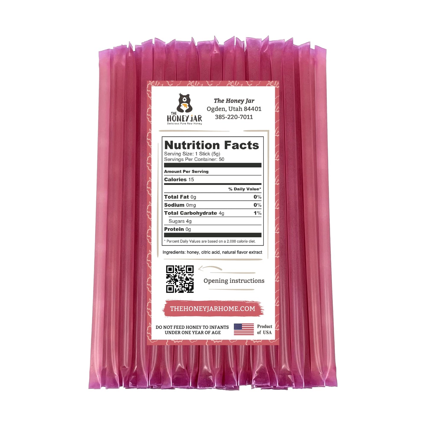 The Honey Jar Raspberry Flavored Honey Sticks - Pure Honey Straws - 50 Count - Made in the USA