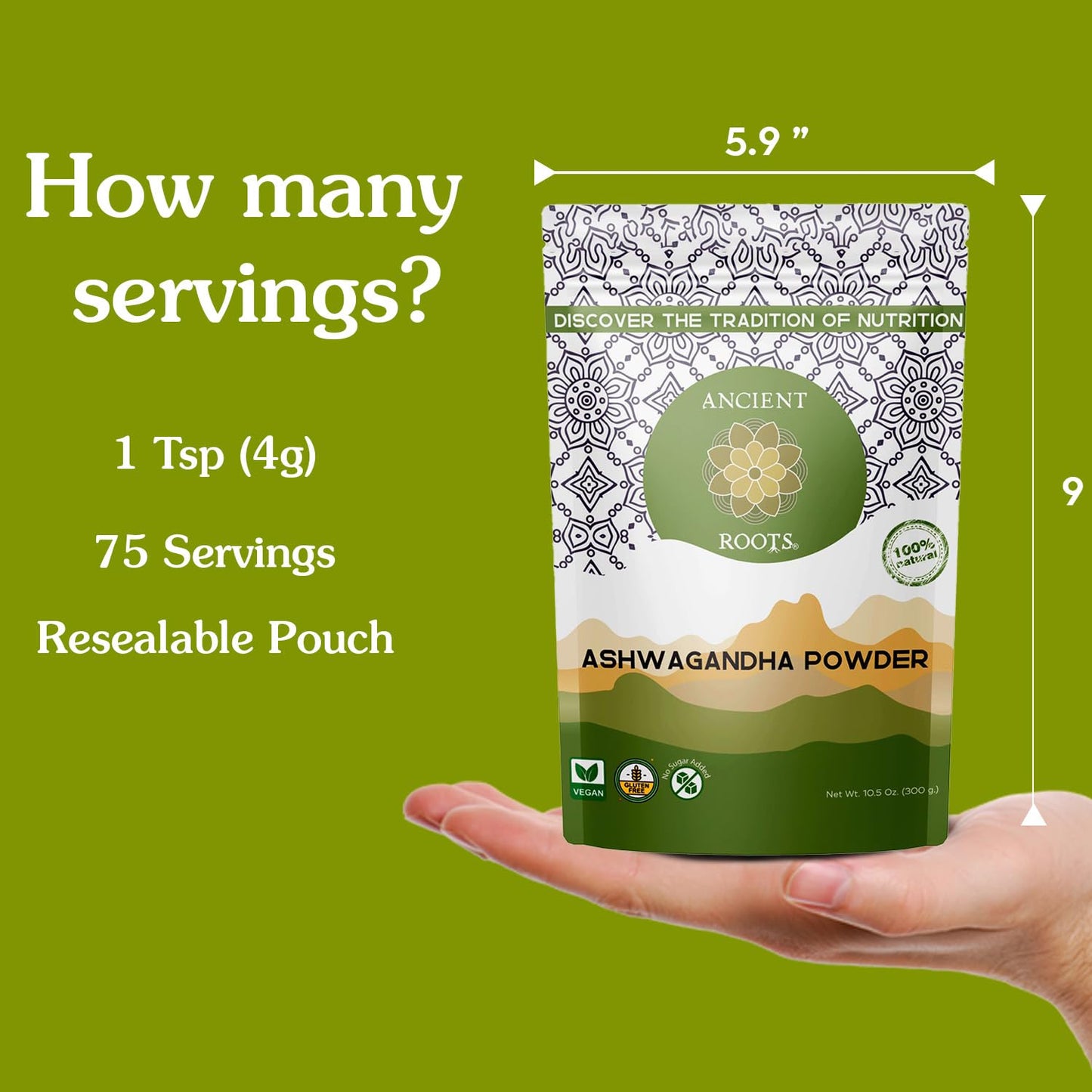 Ancient Roots Ashwagandha Powder 100% Pure & Natural, Non-GMO, Gluten-Free, 10.5 oz Resealable Bag