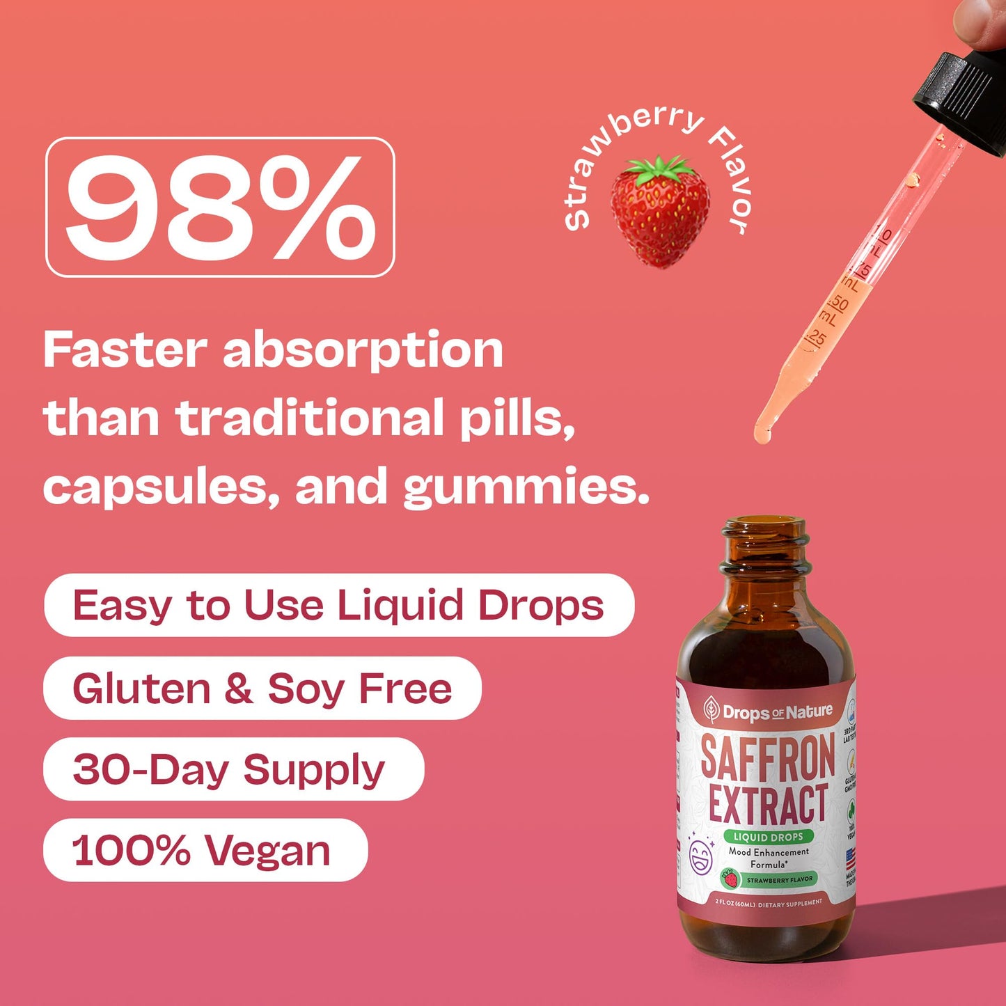 Saffron dietary products for Kids & mature-themeds - Made with Pure Saffron Extract - Vegan  Fast Absorbing - Mix with Drinks - Supports Eye Health  Emotional Balance and Antioxidant Level Boost (Strawberry  60mL)