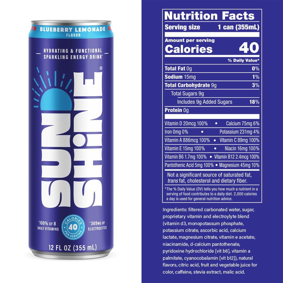 Legendary Sunshine Sparkling Energy Drink, Blueberry Lemonade, Caffeine Water, 12 Fl Oz, Pack of 12