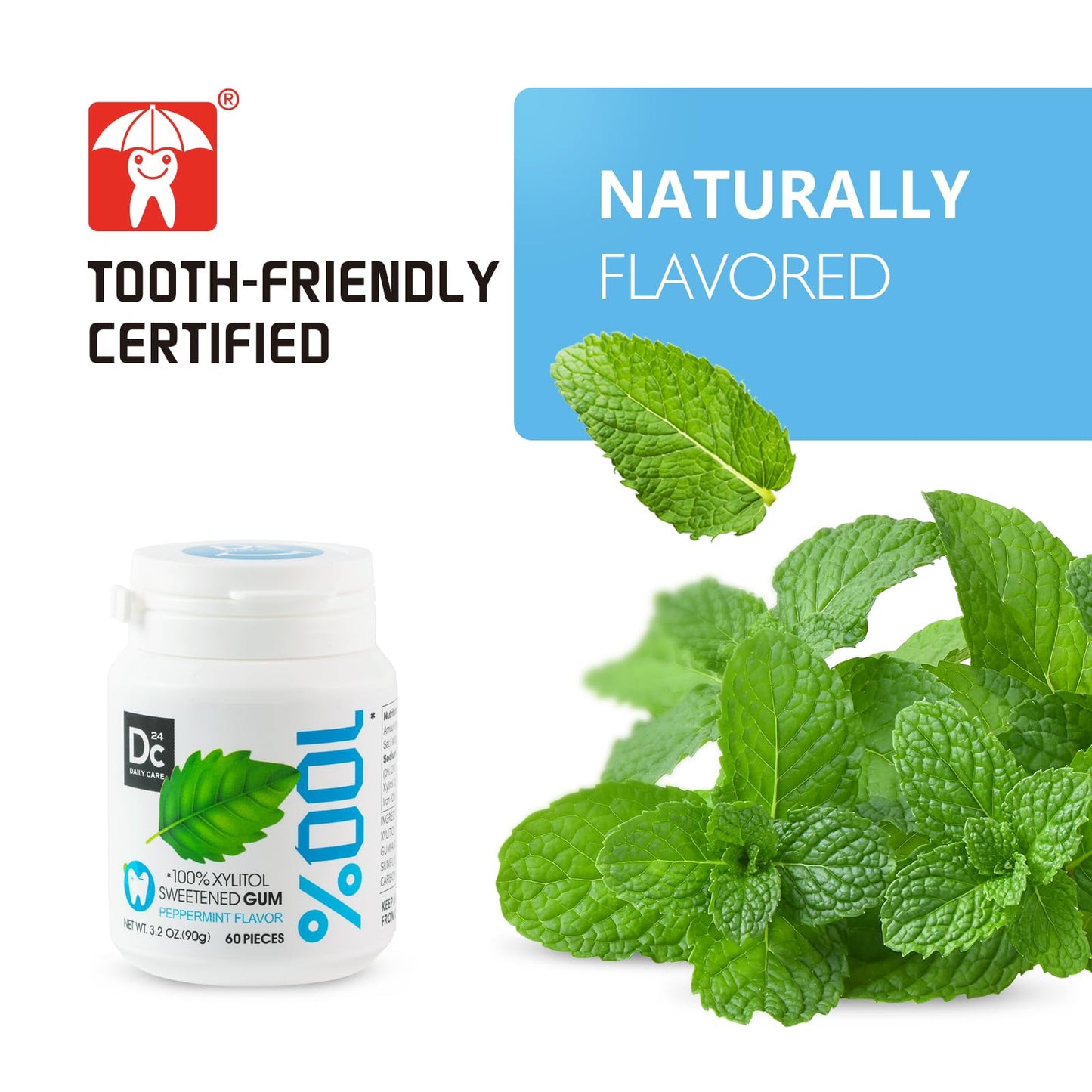 Dc24 Daily Care 100% Xylitol Gum, No Aspartame, Sugar Free Peppermint Chewing Gum, Natural Flavors, Gluten Free, Vegan, 60 Piece