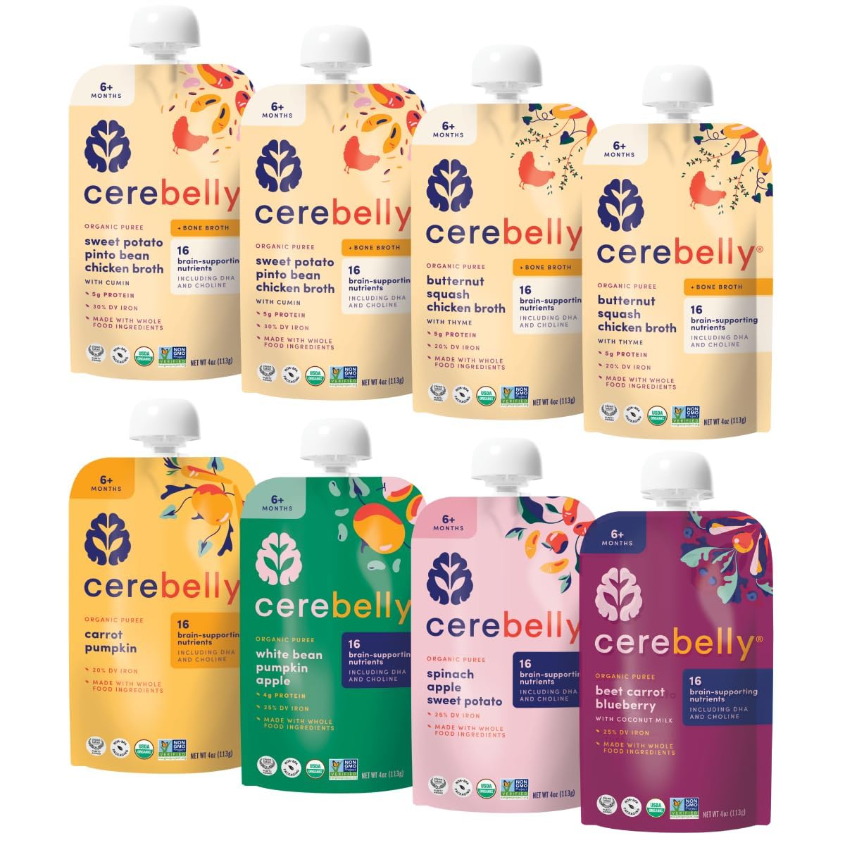 Cerebelly Organic Baby Food Pouches, Veggie & Bone Broth Purees, 16 Nutrients, No Added Sugar, Non-Gmo, Toddler Snacks, 6 Flavors, 4Oz, 8 Pack