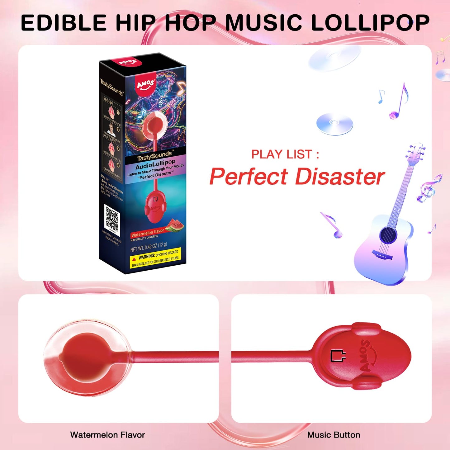 Amos Music Lollipop Candy Suckers, Audio Singing Lollipop Sugar Free, Unique Lover Gift, Individually Wrapped Watermelon Flavor