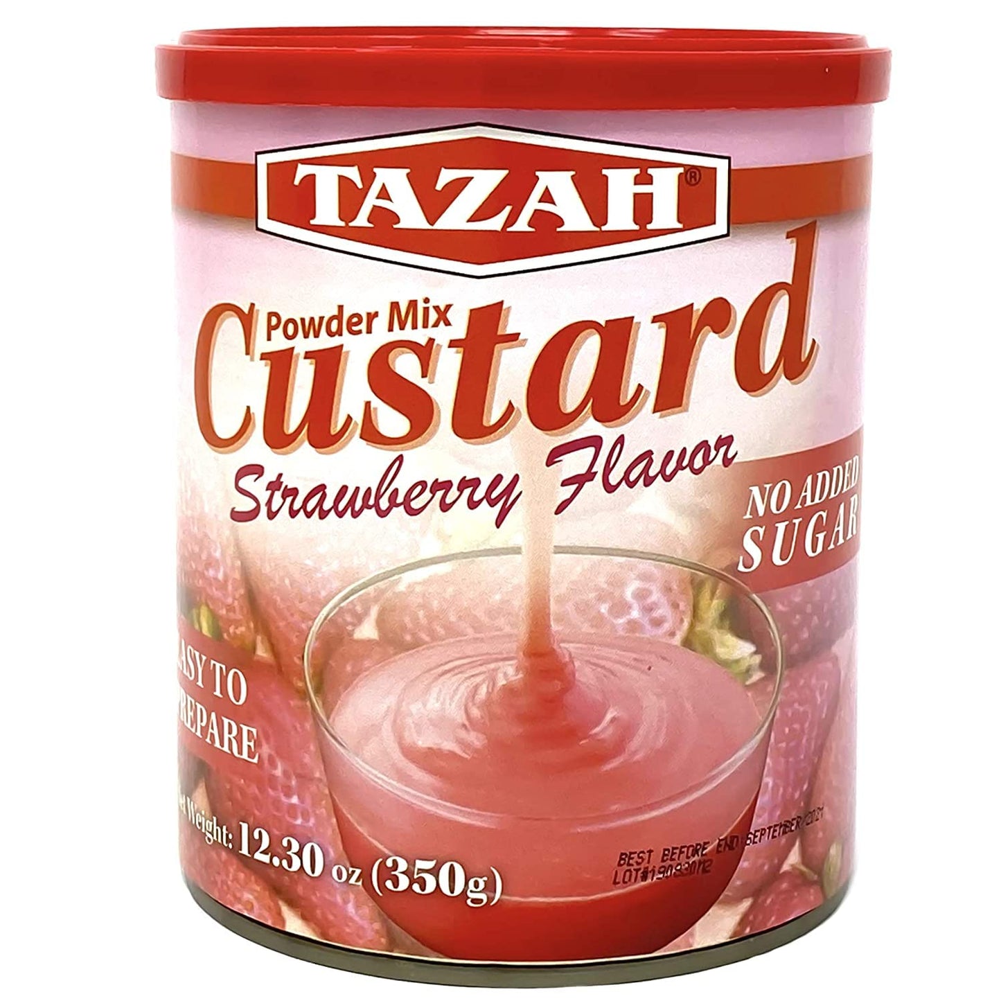 TAZAH Strawberry Custard Powder Mix, No Added Sugar, 12.3 Oz (350g) Tin