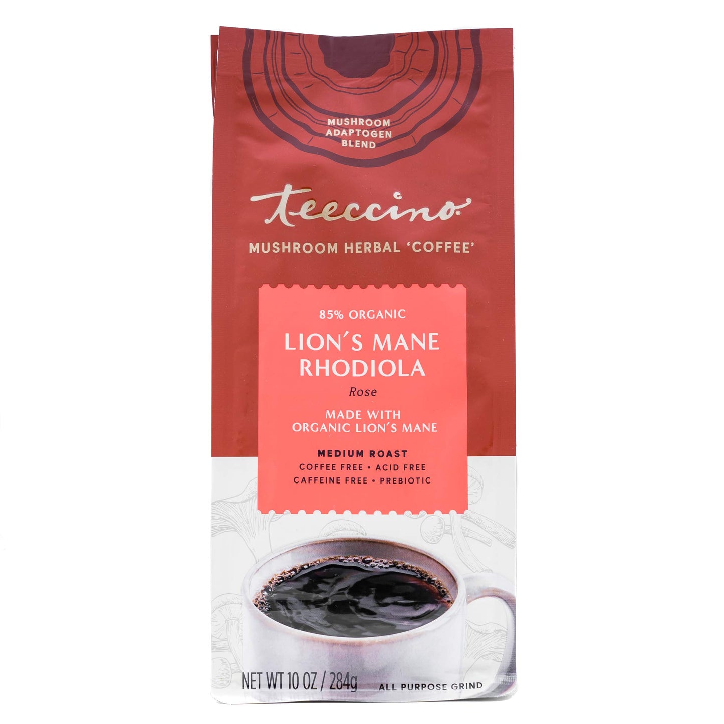 Teeccino Lion’s Mane Rhodiola Coffee Alternative, Medium Roast, 10 Oz, Caffeine Free, Prebiotic, Acid Free