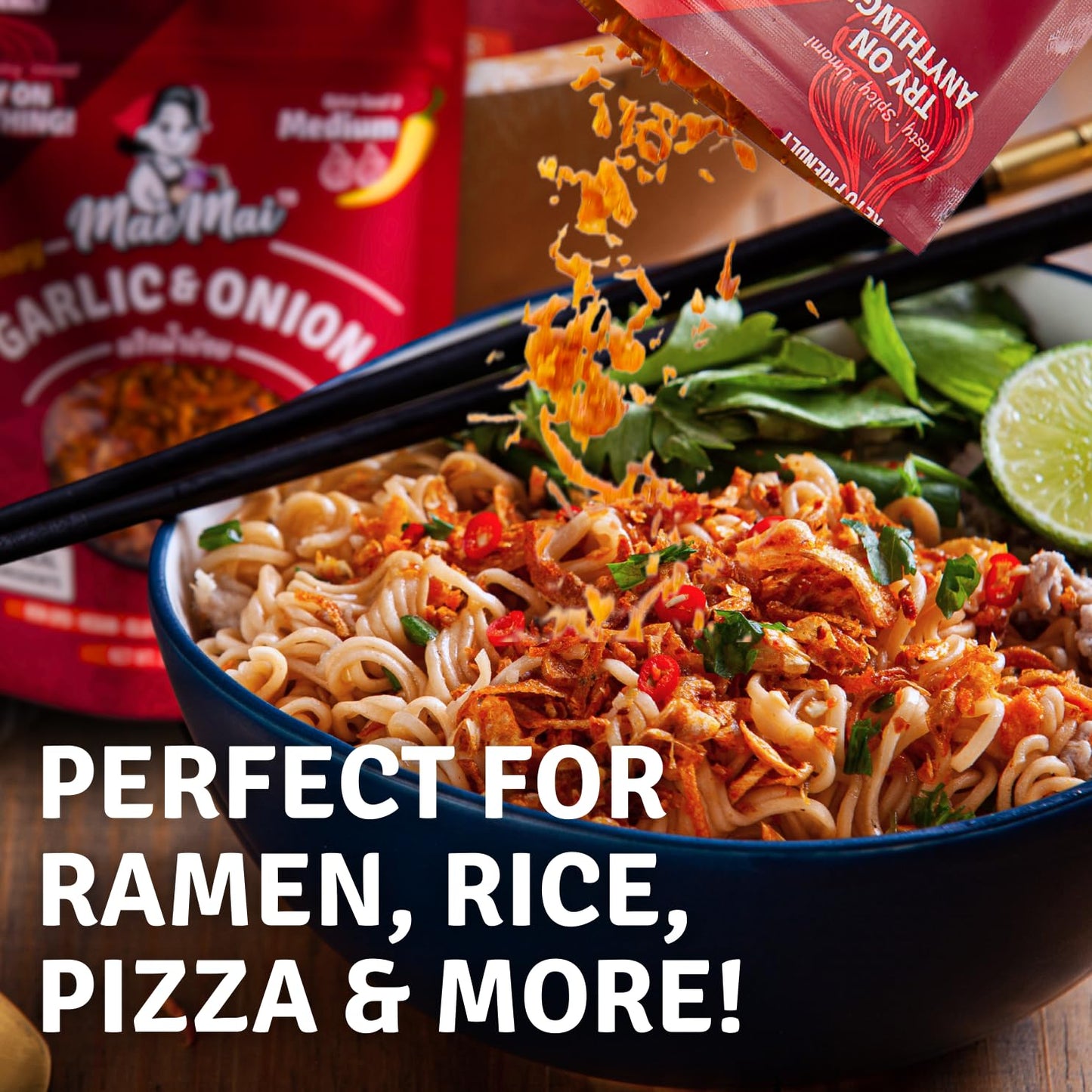 Maemai Medium Spice (Spicy) - Crispy Onions & Garlic Flakes - Crunchy All-Purpose Seasoning, Keto, Salad Toppings, Fried Onions - Ramen, Rice Seasoning, Vegan, Gluten-Free | 3.17Oz (90G)