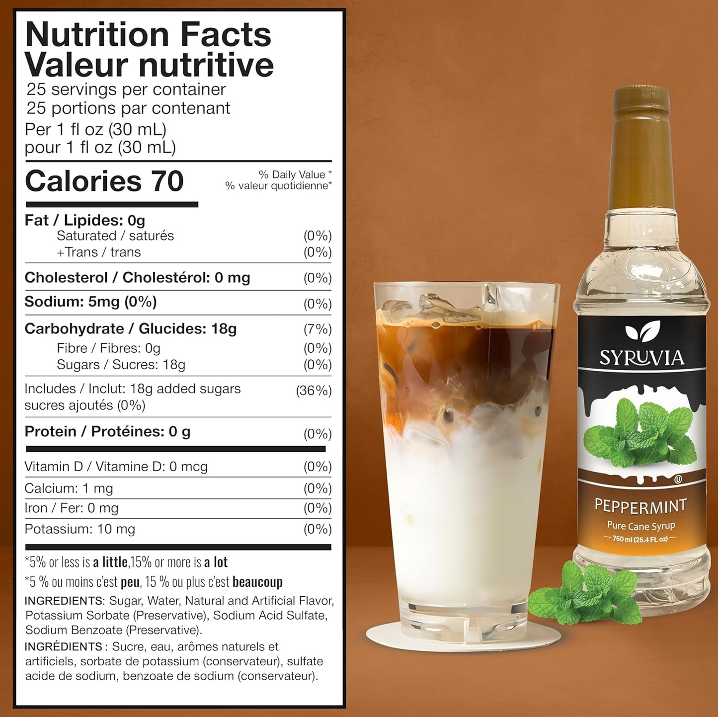 Syruvia Peppermint Syrup - Peppermint Coffee Syrup Flavor, 25.4 Fl Oz, Kosher, Gluten Free, Perfect For Coffee, Drinks, Soda, De