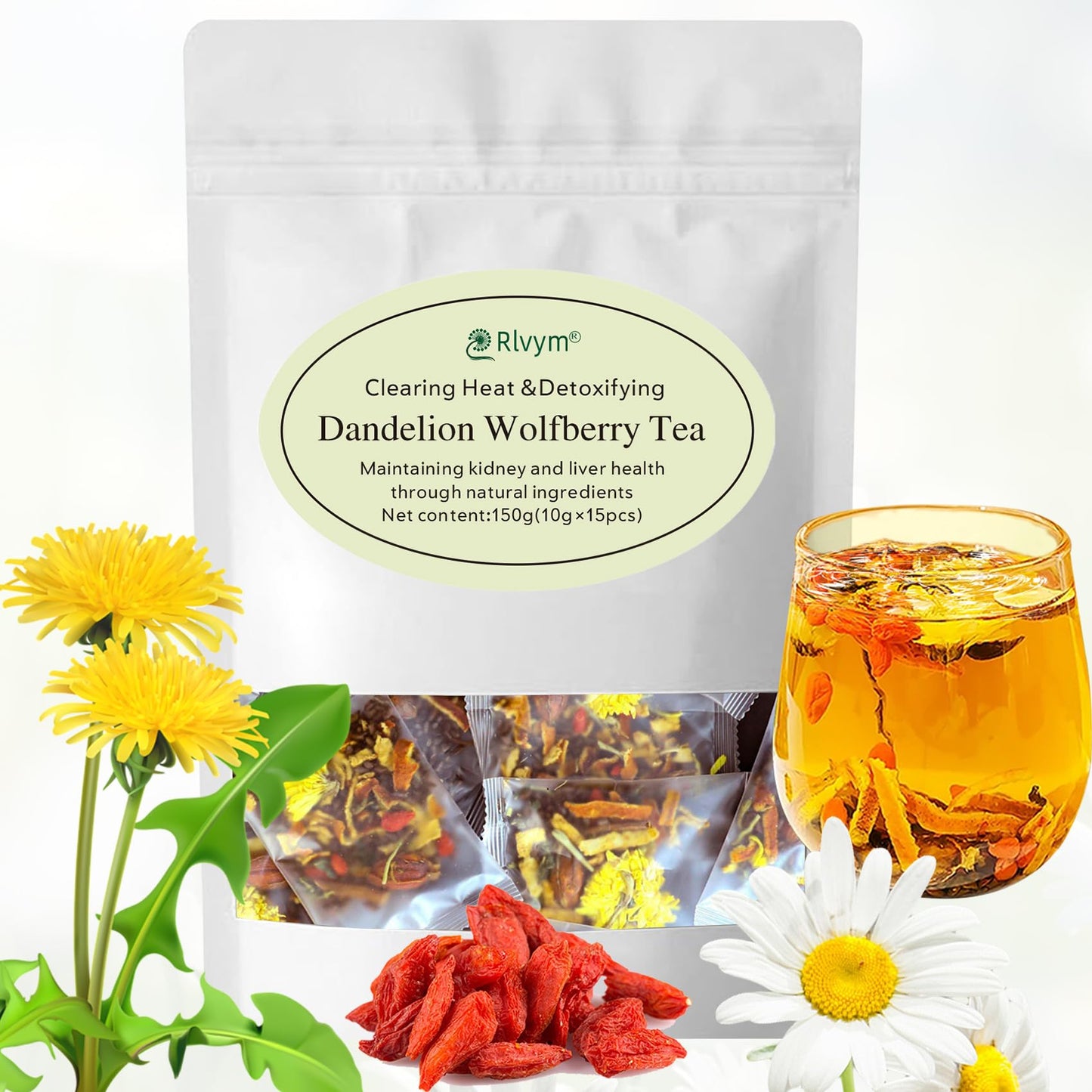 Dandelion Wolfberry Tea, Goji Berry Chrysanthemum Cassia Seed, Seven Natural Herbal Ingredients, Kidney & Liver Health Organic D