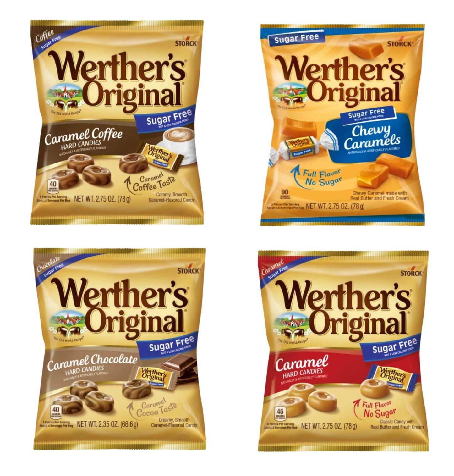 Werthers Original Sugar Free Variety Pack of 4 - One Bag of Each Flavor - Hard Caramels  Caramel Coffee  Caramel Chocolate  and Chewy Caramels