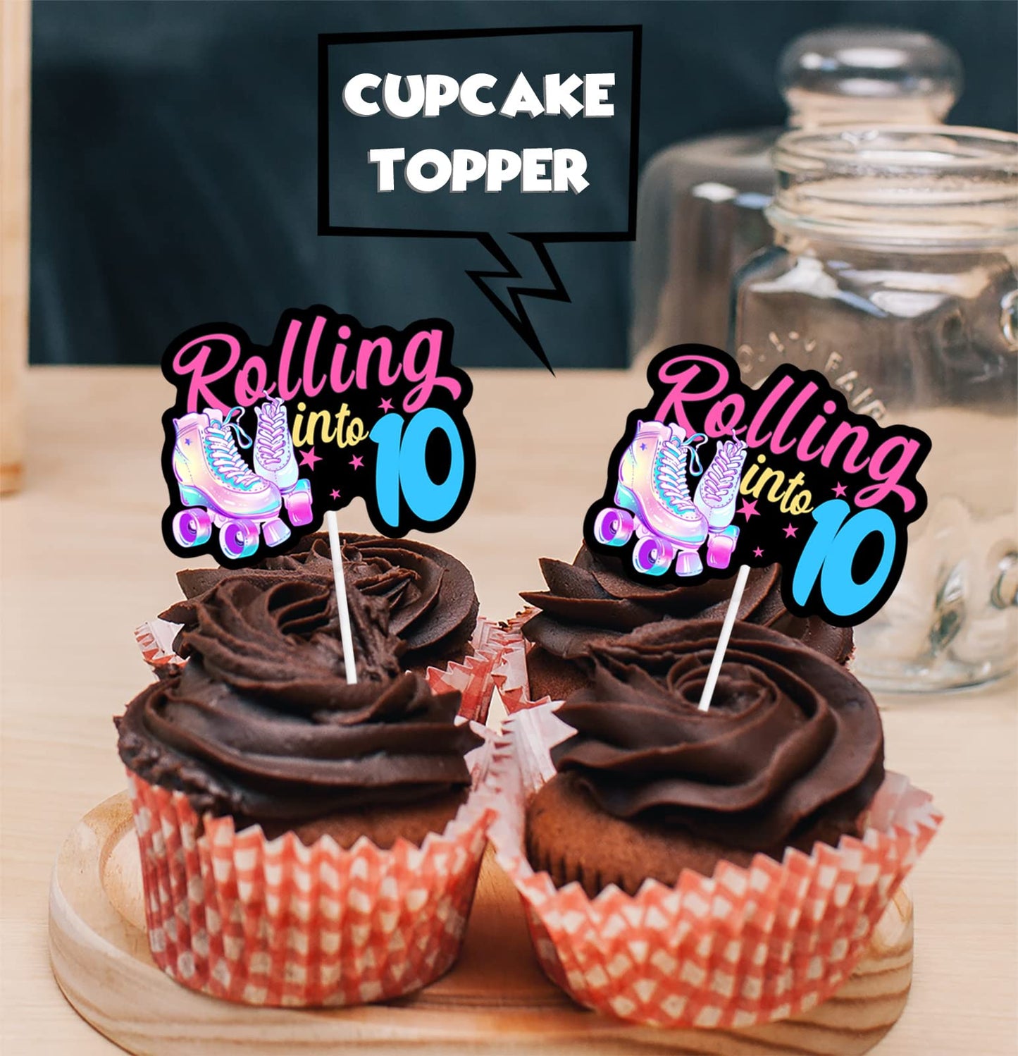 18Pcs Black Glitter Pink Roller Skates Dessert Cupcake Topper 80S 90S Retro Hip Hop Roller Skating Rolling Into 10 Theme Decor S