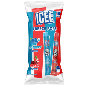 Icee Freeze Pops Variety Pack, Blue Raspberry & Cherry, 10 Individually Wrapped Pops, 1.69 Fl Oz Each