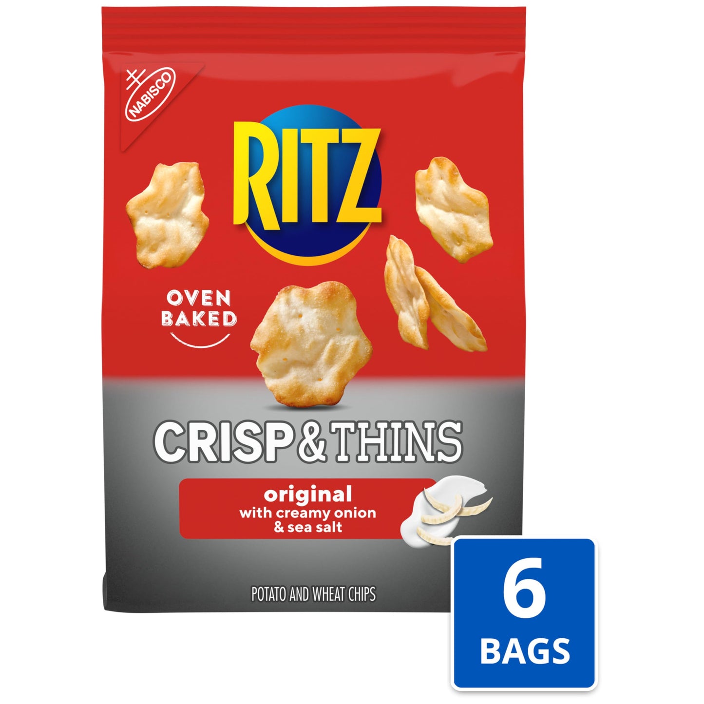 RITZ Crisp and Thins Original with Creamy Onion and Sea Salt Chips, Party Snacks, Bulk Snacks, 6 - 7.1 oz Bags