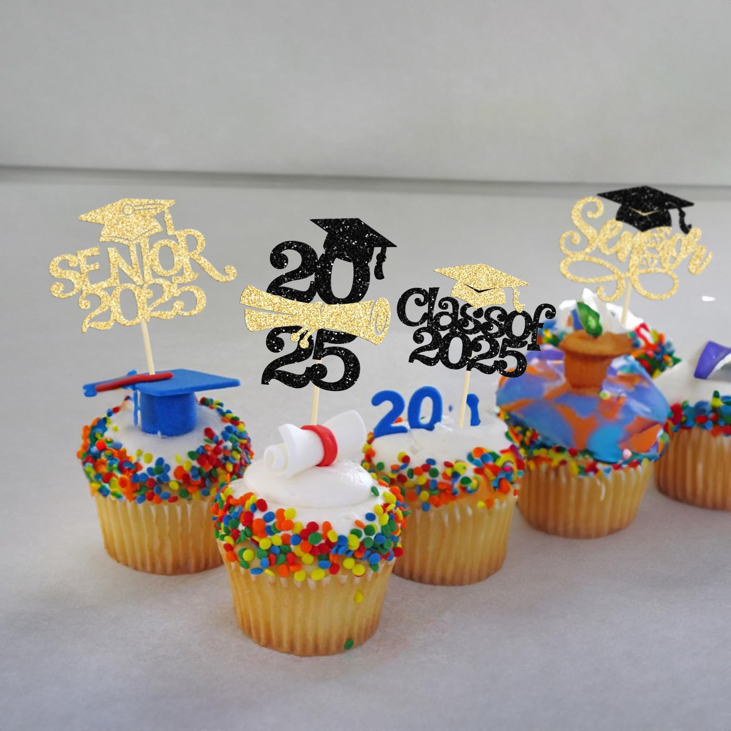 Gyufise 24Pcs Graduation Cupcake Toppers, Glitter Senior Class of 2025 Decorations, Gold Paper Picks