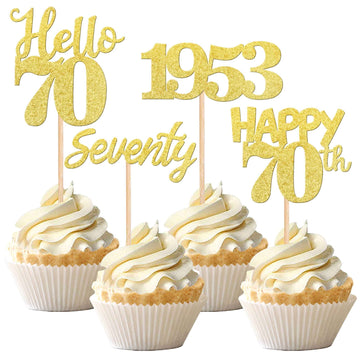 24 Pcs Happy 70Th Birthday Cupcake Toppers Glitter Hello 70 Cupcake Picks Seventy Since 1953 Cupcake Decorations For 70Th Birthd
