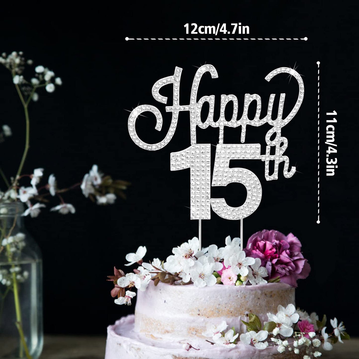 Lingteer Happy 15Th Birthday Silver Rhinestone Cake Topper - Cheers To 15Th Birthday Fifteen Years Old Party Cake Centerpieces T