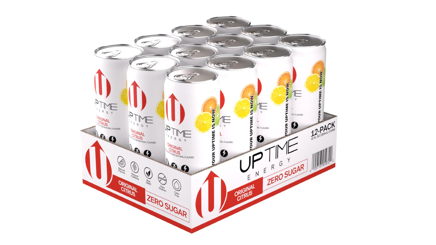 UPTIME Energy Drink, Original Citrus, Sparkling, Sugar Free, 12 Pack, 12 Fl Oz Cans, 142mg Caffeine, Orange