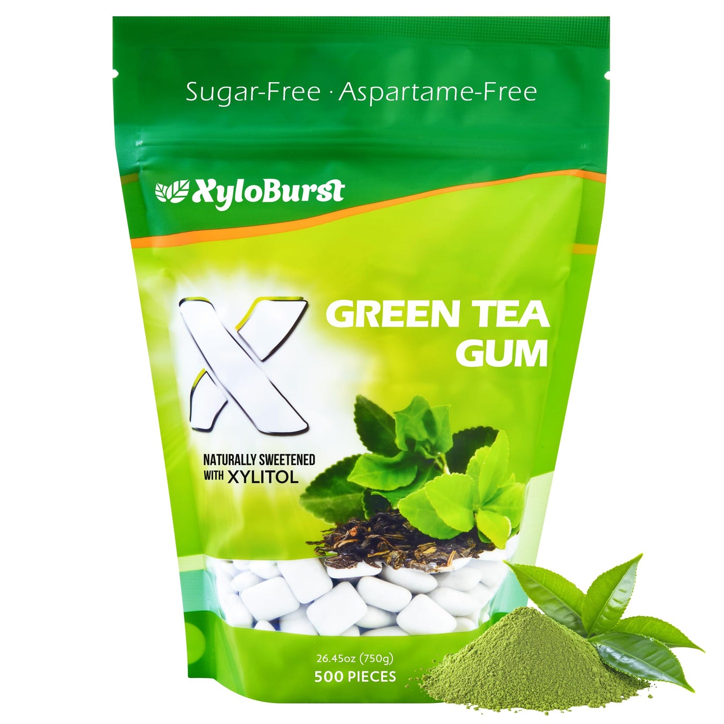 Xyloburst Green Tea Sugar Free Gum - Natural Xylitol Chewing Gum - Bulk 500 Count Bag - Non Gmo, Vegan, Aspartame Free, Keto Fri