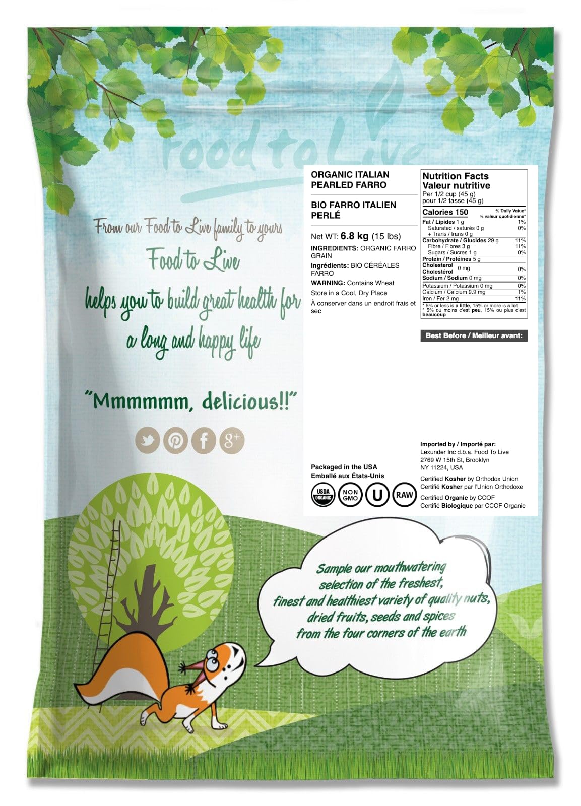 Food to Live Organic Italian Pearled Farro, 15 Pounds - Whole Farro Grain, Good Source of Fiber and Protein, Great for Salads, S