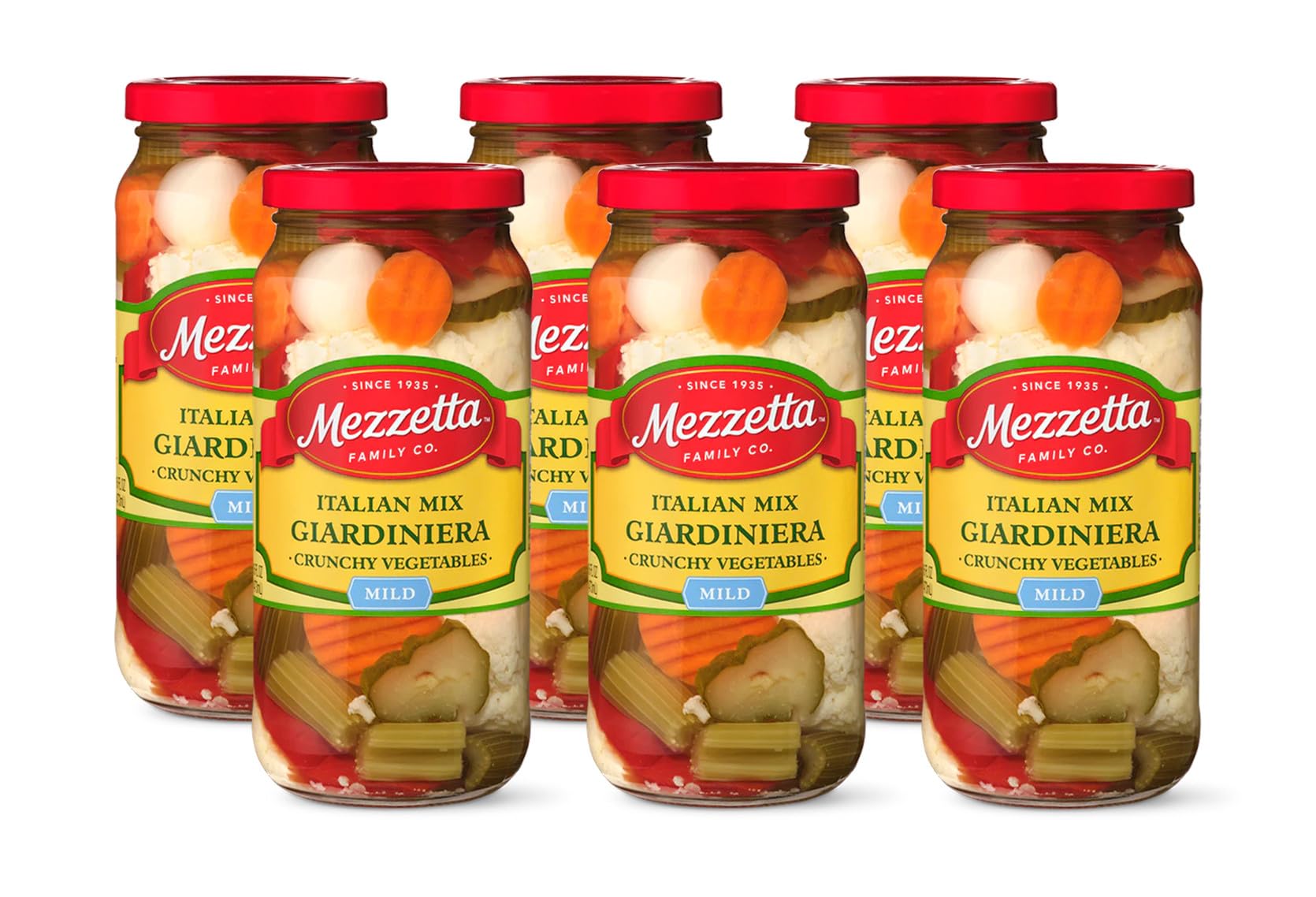 Mezzetta Italian Mix Giardiniera, Mild Heat | Gluten Free, Keto | 16 Fluid Ounce Jar (Pack Of 6)