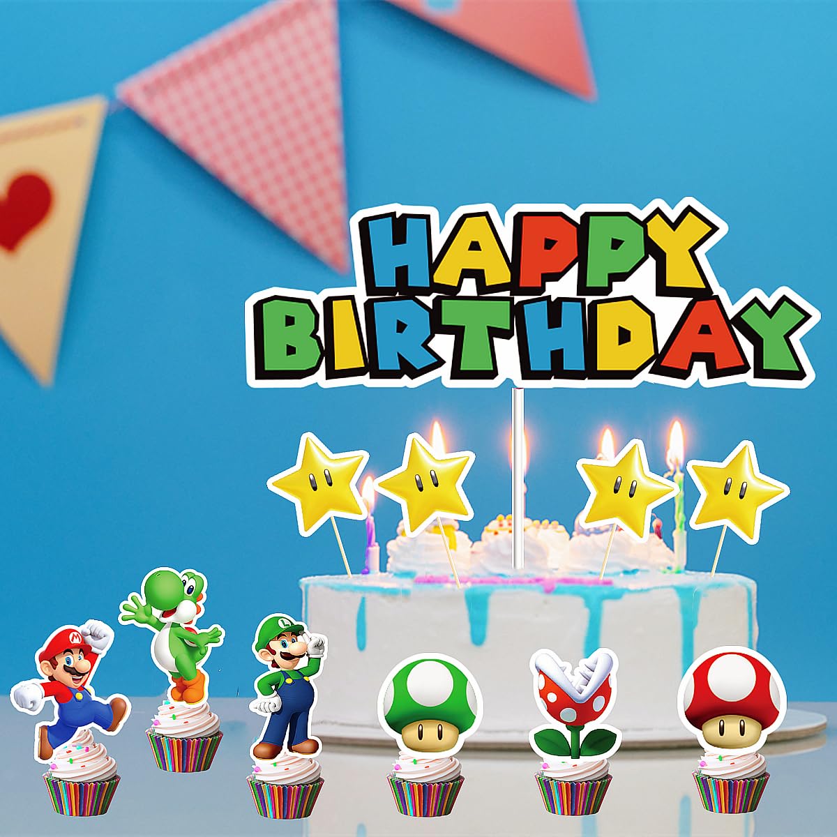 14Pcs Mario Cake Topper For Mario Birthday Party Supplies