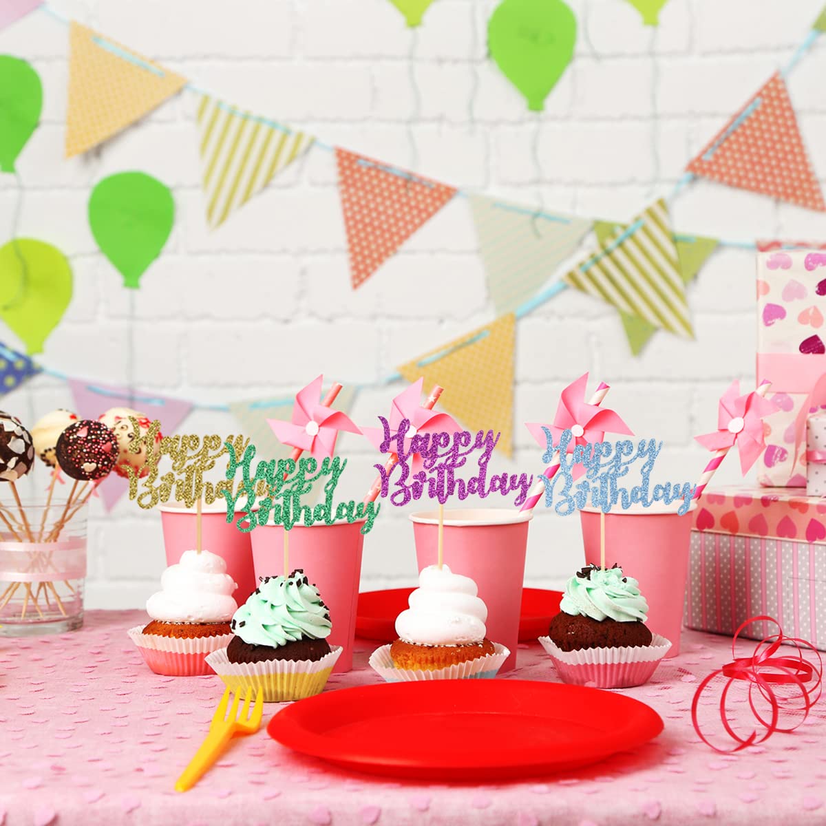 Donoter 24 Pcs Happy Birthday Cupcake Toppers Cake Picks For Birthday Party Decoration Supplies, 6 Colors