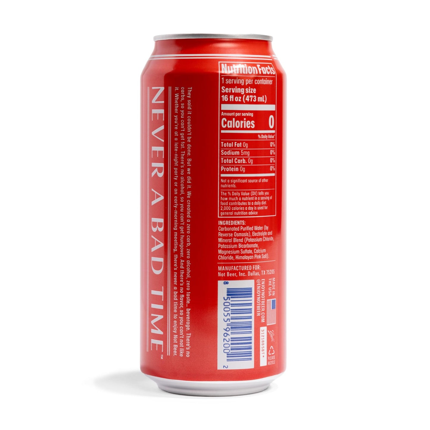 Not Malt-Inspired American Sparkling Water, Original, 99.9% Pure, Mineral & Electrolyte Blend, Unflavored Plain Carbonated Water, Made In America, 16 Oz Tallboy Cans, 24 Pack