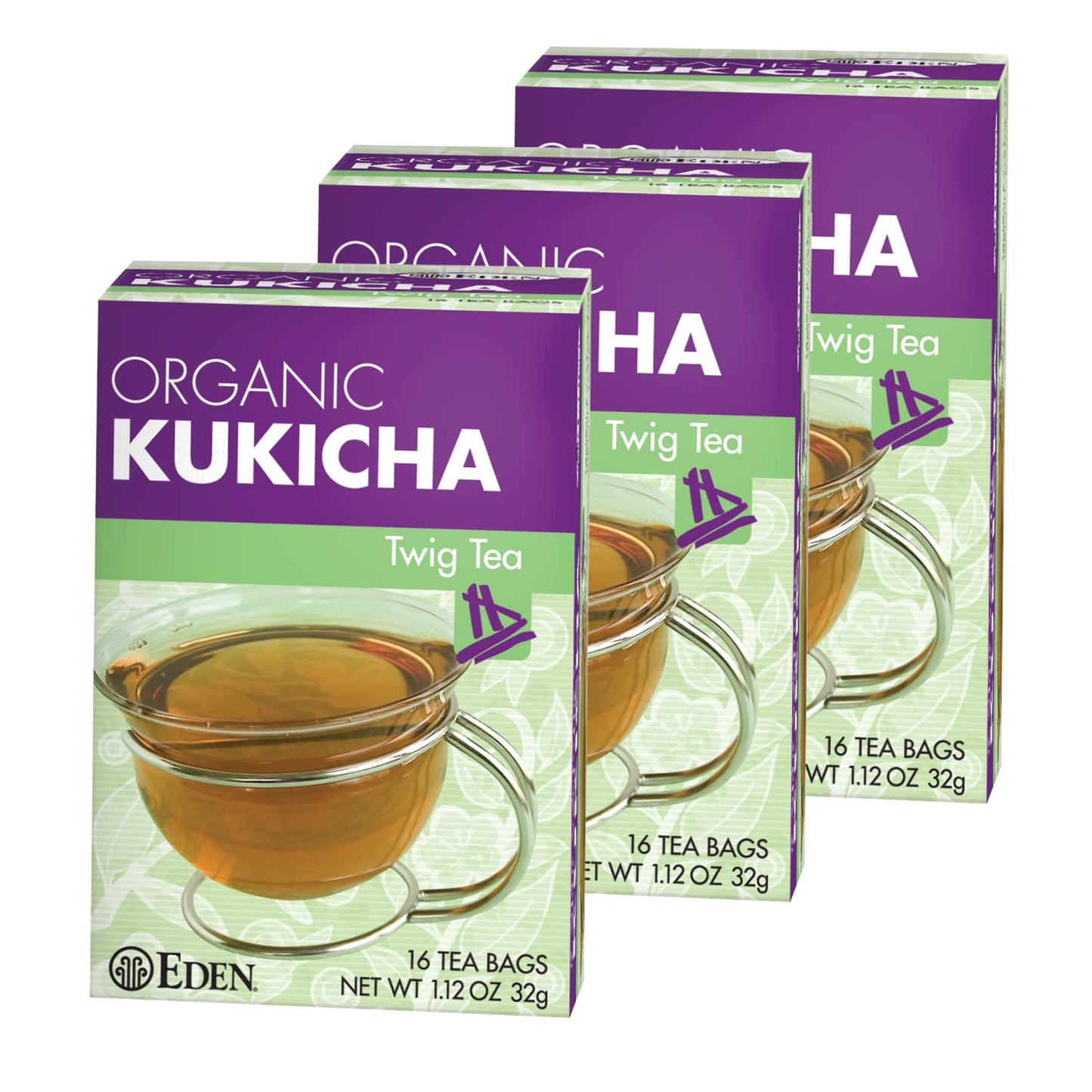 Eden Kukicha Organic Roasted Twig Tea, Low Caffeine, 16 Unbleached Manila Tea Bags, 3 Pack