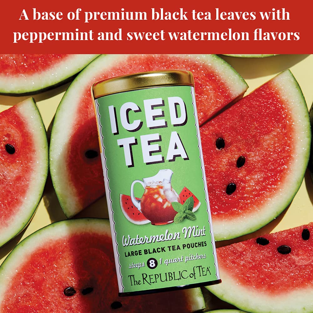 The Republic Of Tea Watermelon Mint Black Iced Tea, 40 Large Pouches / 40 Quarts, Premium Fine Black Tea