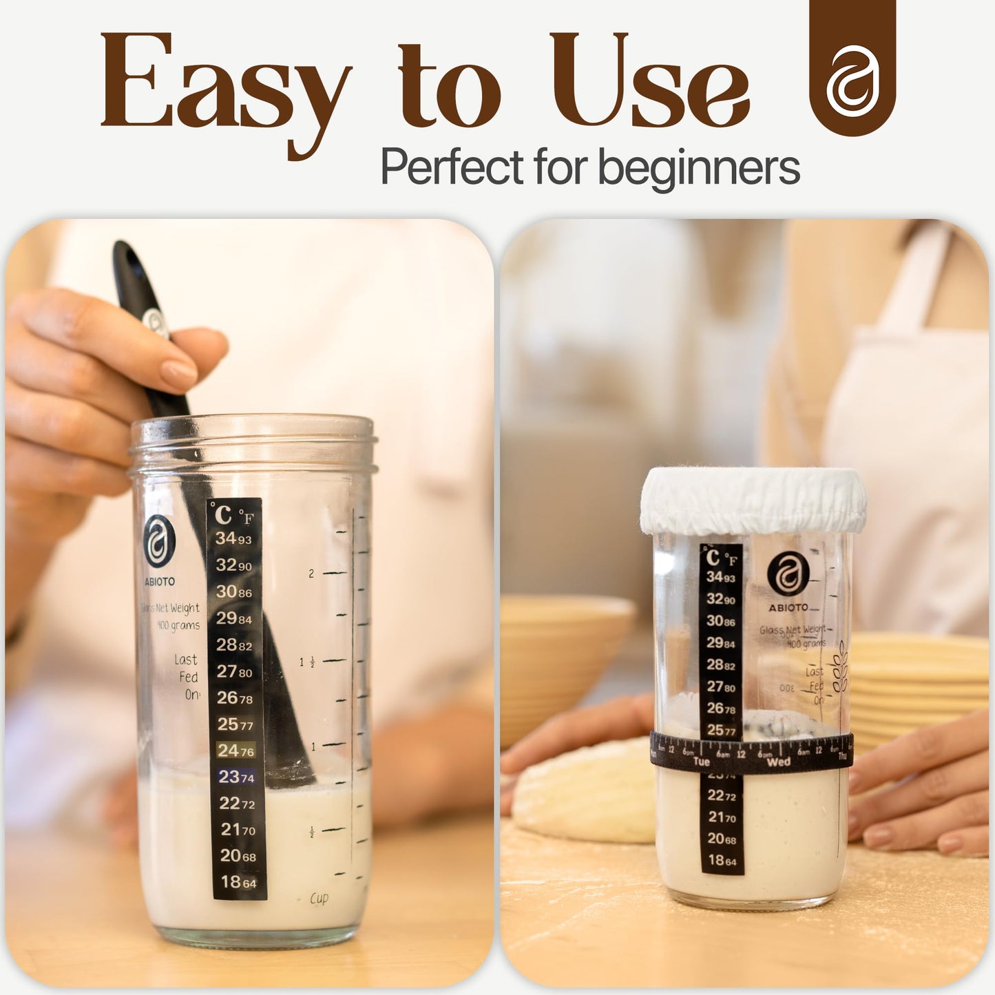 ABIOTO Sourdough Starter Kit  Includes 24 oz Sourdough Starter Jar with Metallic Lid  Silicone Spatula  Feeding Tracker  Extra Thermometer Strips & Breathable Covers - Sourdough Bread Starter Kit