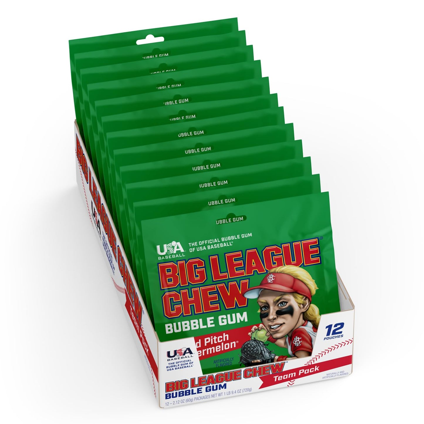 Big League Chew Wild Pitch Watermelon Bubble Gum - Juicy Watermelon Flavor Burst | Ideal For Baseball Games, Teams, Concessions, Parties, And More | Pack Of 12 Bags (2.12Oz Each)