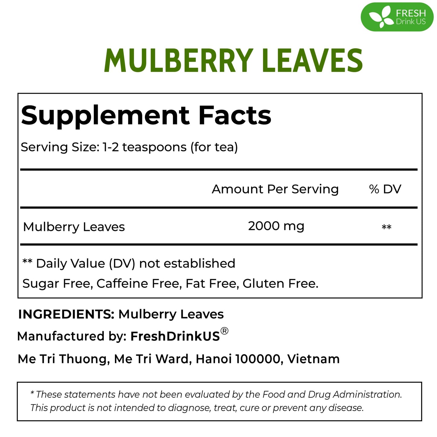 Freshdrinkus, Permium 8Oz Mulberry Leaves, 100% Natural & Pure From Mulberry Leaves, Loose Leaf Herbal Tea, No Additives, No Caffeine, Vegan