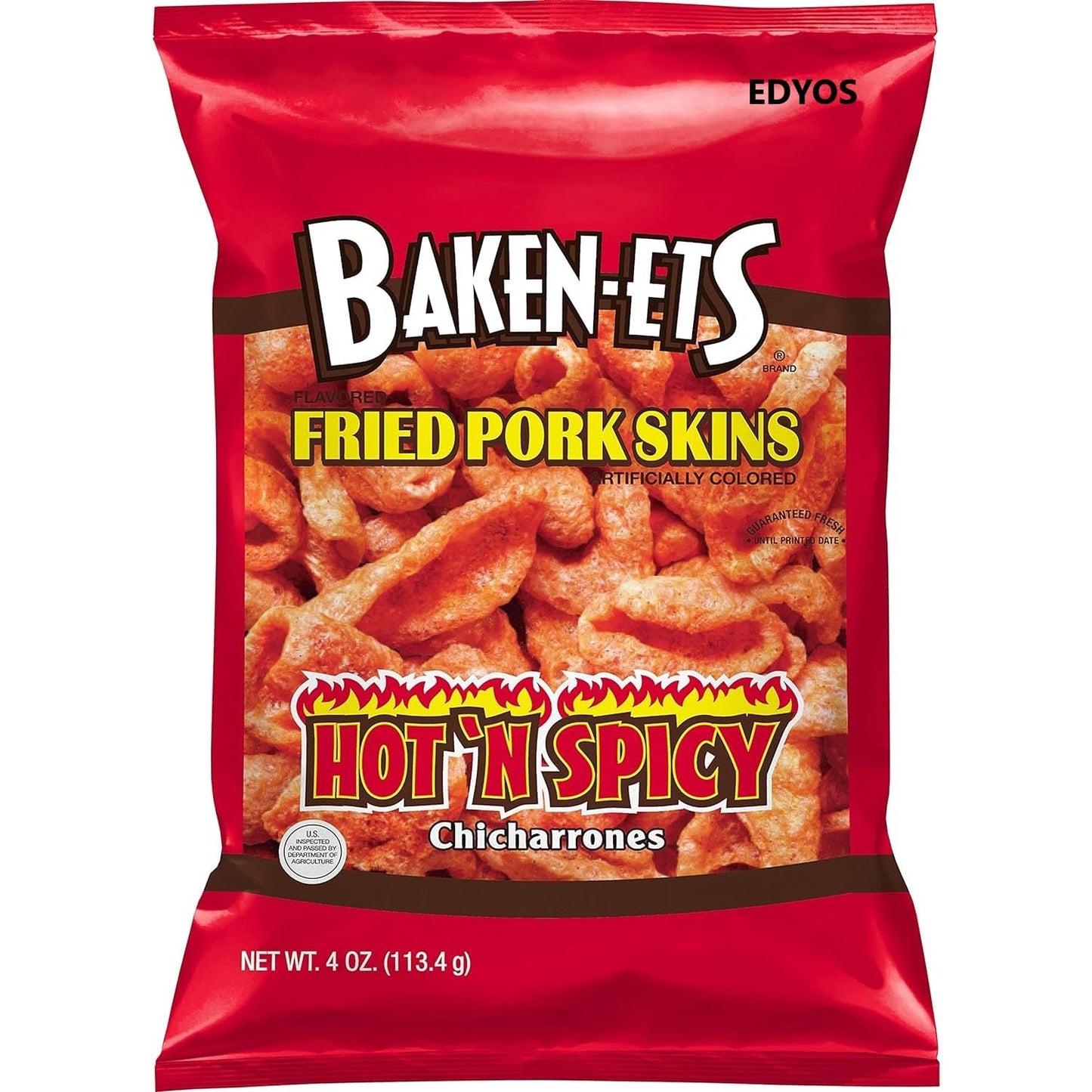 Baken-Ets Fried Pork Skins Variety 4 - Pack (2) Traditional 4 oz and (2) Hot & Spicy 4 oz.