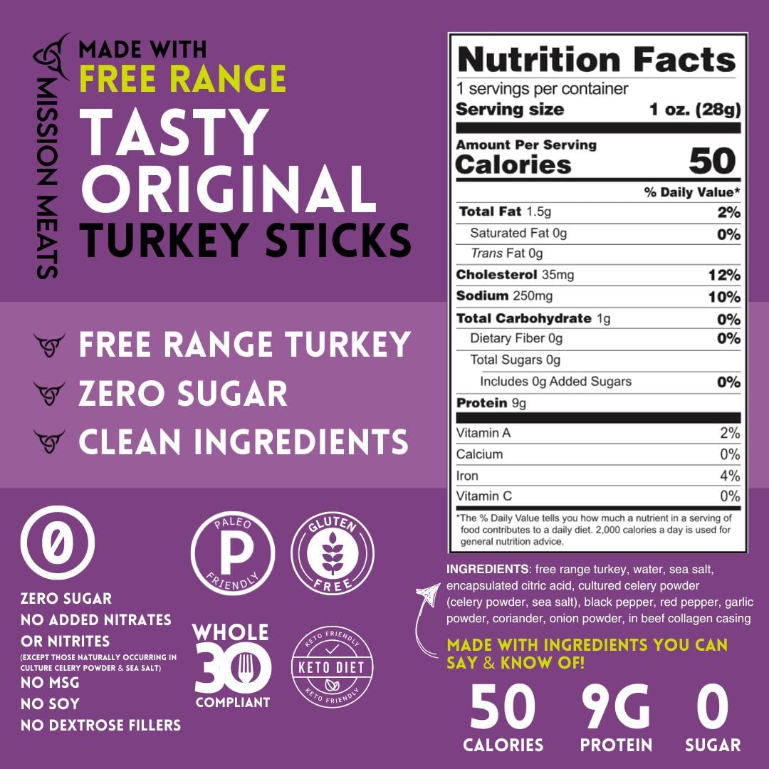 Mission Meats Turkey Jerky Snacks, Sugar Free, Paleo, Gluten Free, 1 Ounce (Pack of 12)