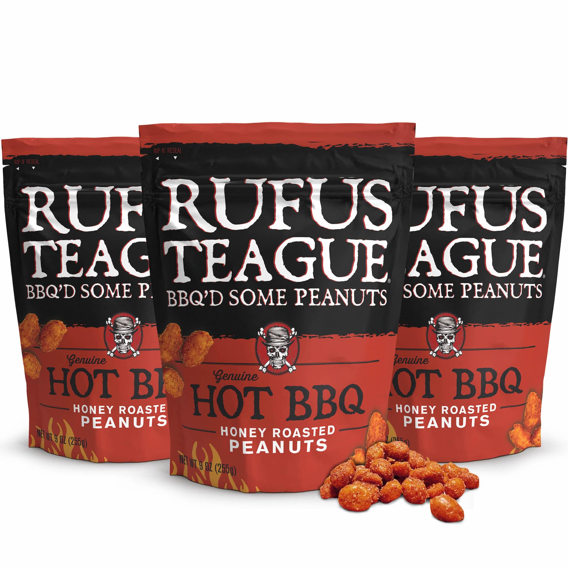 Rufus Teague Blazin’ Hot BBQ Honey Roasted Peanuts, Sweet & Spicy Gourmet Snack, 9 oz Resealable Pouch, 3 Pack