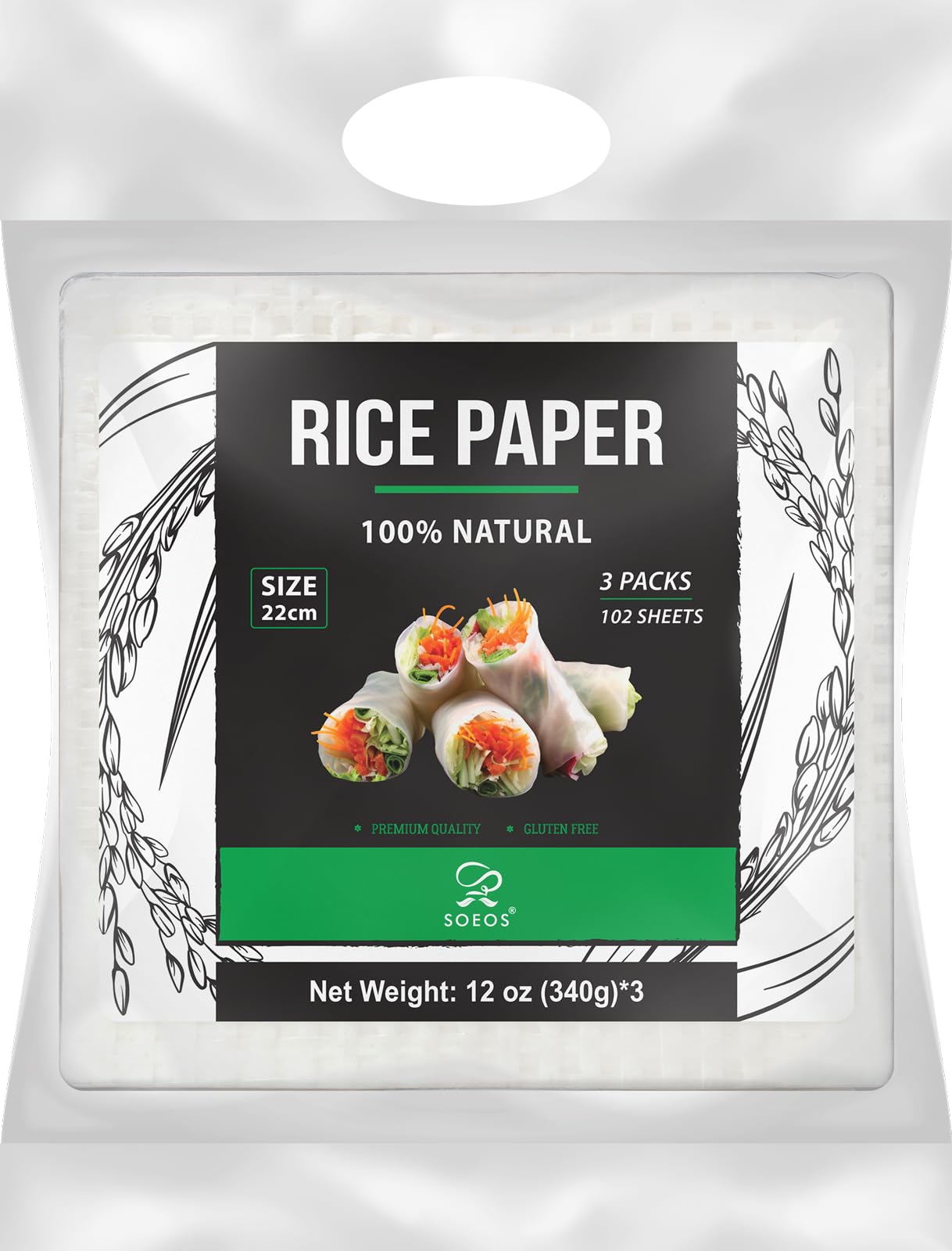 Soeos Rice Paper, White Rice Paper Wrappers, 3 Pack, 102 Sheets-Fresh Spring Roll Wrappers & Dumplings, Non-Gmo, Gluten-Free, Lo